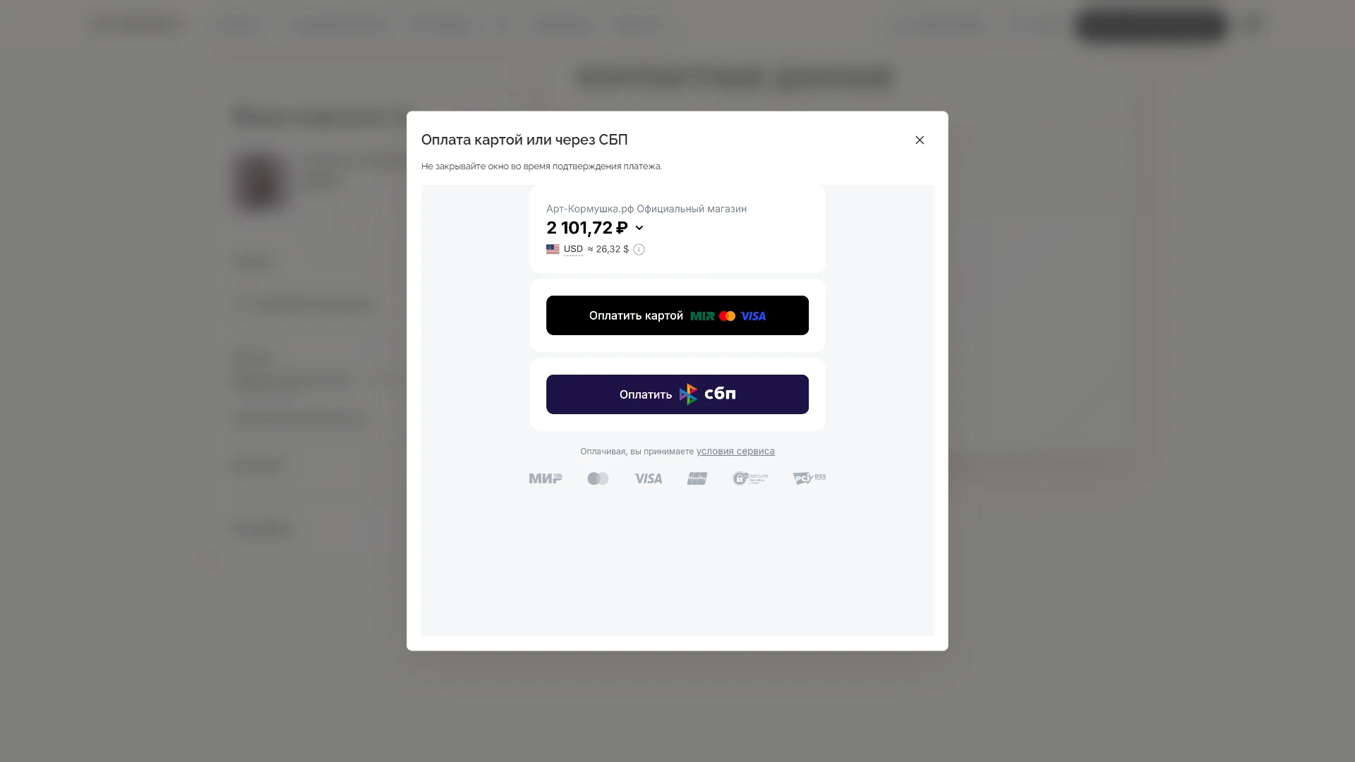 Оплата картой или через СБП — Desktop