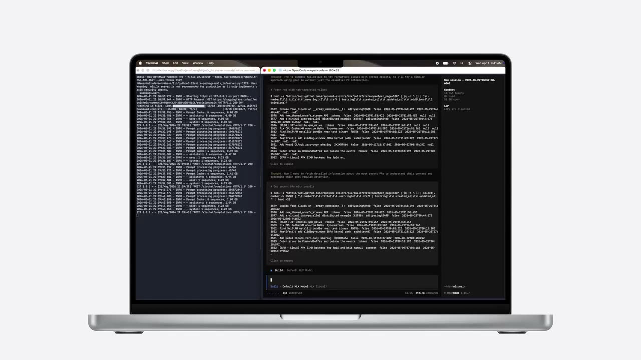 MacBook с терминалом и окном агента OpenCode, который локально обрабатывает данные из GitHub